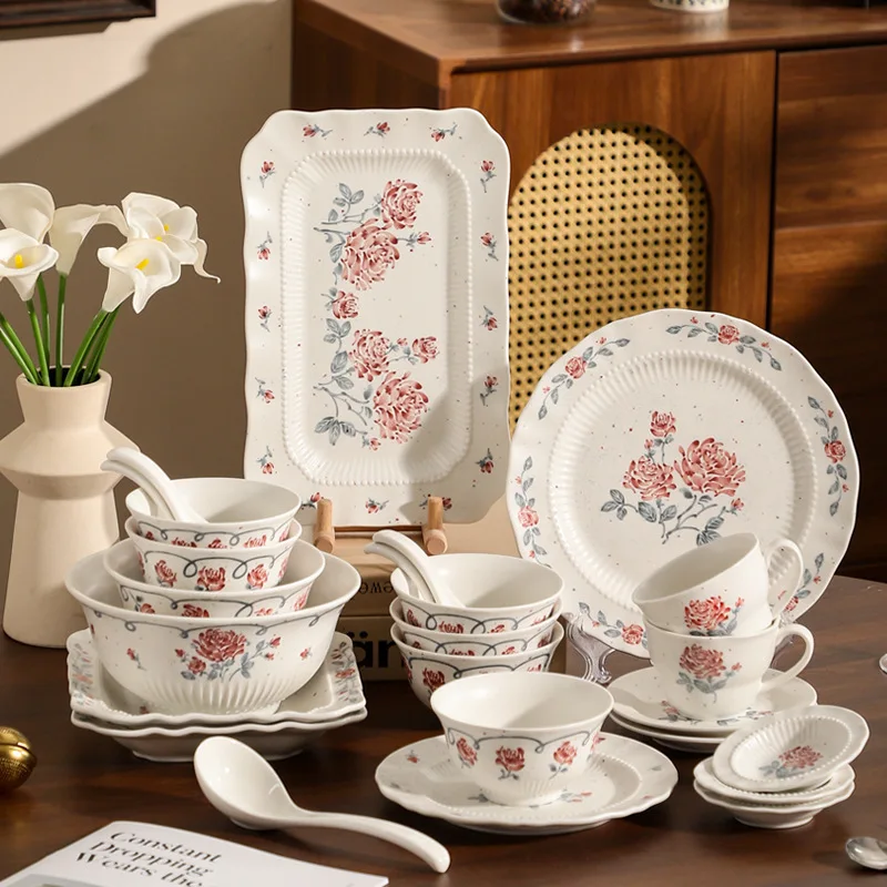 

HYS retro ceramic dishes set underglaze color housewarming tableware dishes high value rice bowl household plates