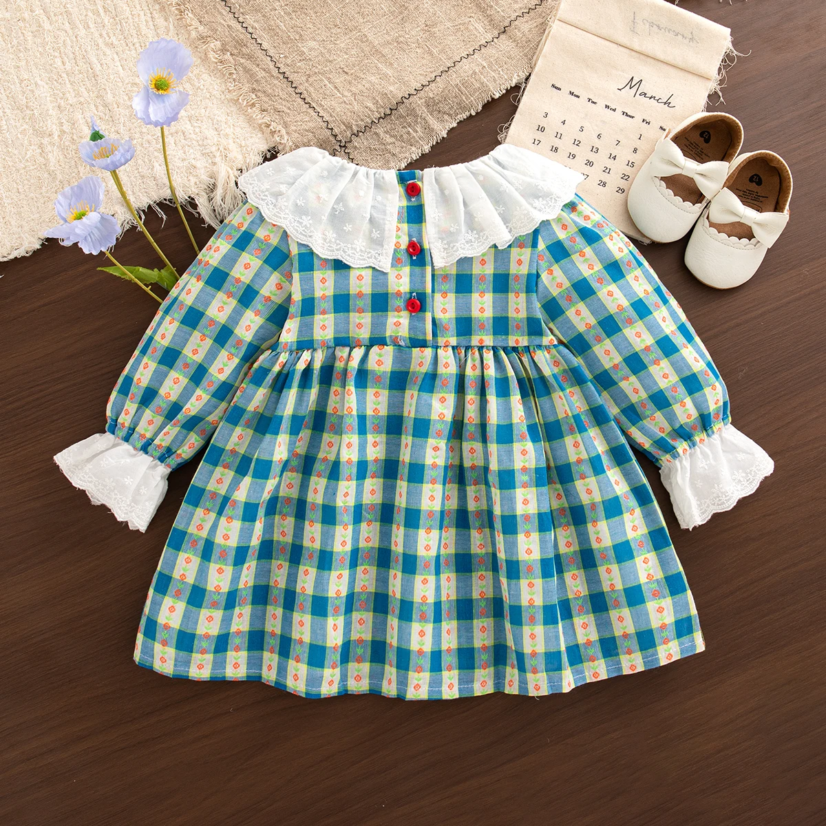 Korean Style Dress for Kids Girl party costume Blue Plaid Floral Lace Doll Collar Baby Girl Autumn Long Sleeved Dress