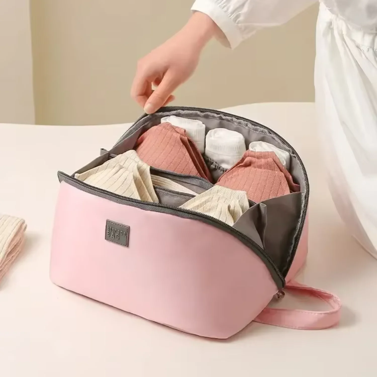 1pc Pink/Grey Underwear   Portable Zipper Bras Organizer  Traveling Women's Lingerie & Underwear Accessories