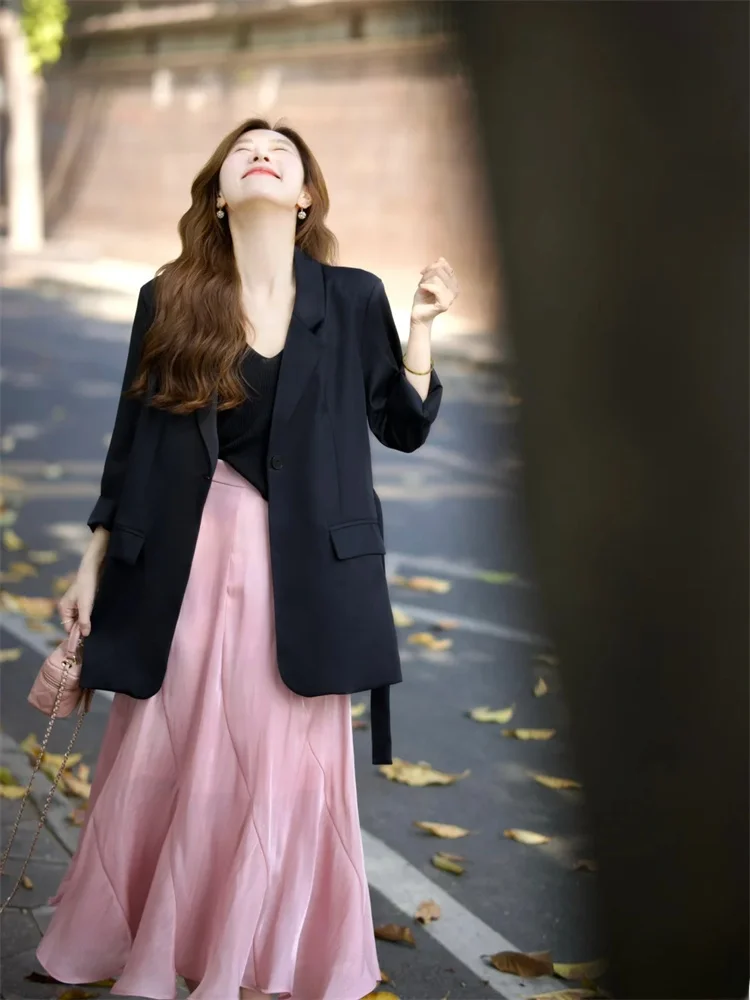 

plus Size Spring Korean Style Suit Jacket And Pink Skirt Two-Piece Set Slimming Loose High Waist A-Line Skirt