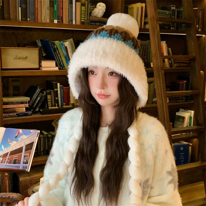 Cappellini pullover lavorati a maglia jacquard letterario stile Fair Island vintage per le donne Cappelli bomber con cinturino carino e versatili da viaggio invernale