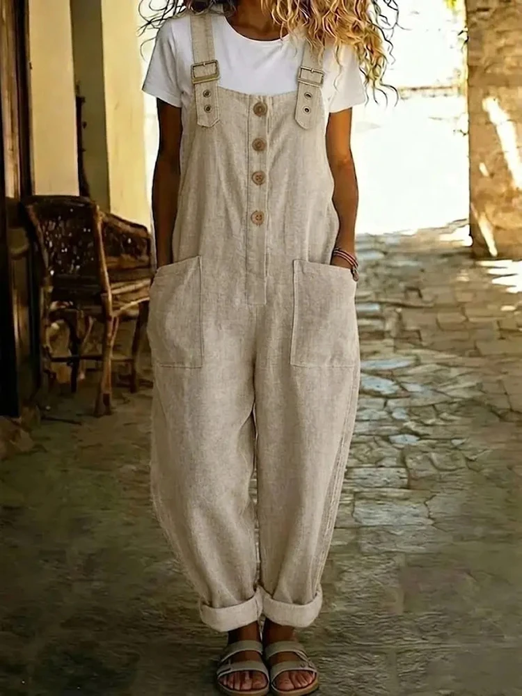 2026 Spring Summer All Match Fashion Jumpsuits, Women Holiday Patchwork Simple Overalls, Pockets Pants Elegant Ladies Playsuits