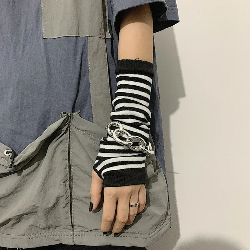 Guantes sin dedos de manga larga Punk para mujer y hombre, manoplas tejidas a rayas de Hip-Hop para codo, calentador de brazo elástico para invierno al aire libre