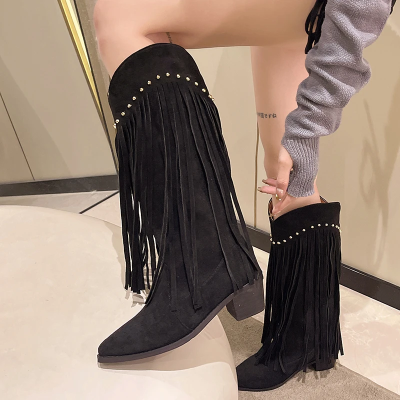 

New Designer Cowboy Boots for Women Fashion Pointed Toe Slip on Long Boots Female Elegant Square Heel Women's Knight Booties