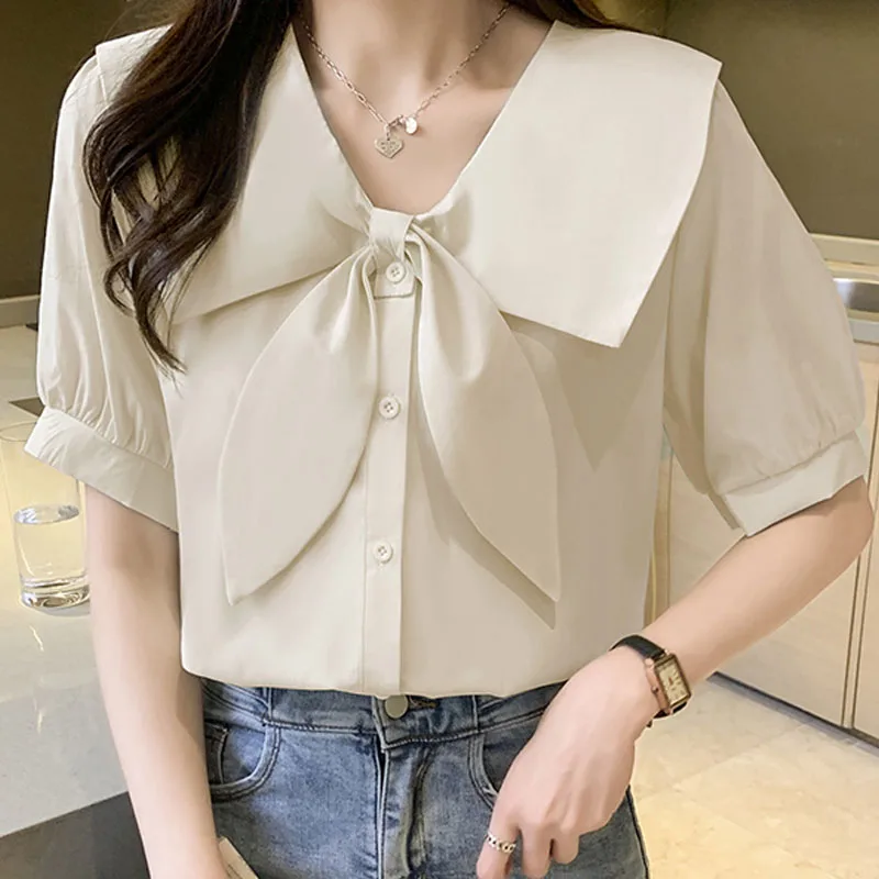 2022 Summer French Style Sweet Bow Collar Short Sleeve Shirt Tops Femme Clothing Chiffon White Apricot Green Button Blouse 2867