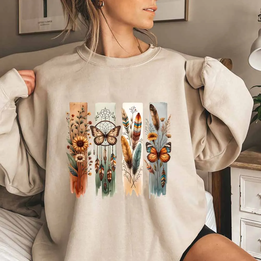 Sudadera bohemia con flores y mariposas, sudadera con capucha con atrapasueños de flores silvestres, camisa Floral de plumas bohemias, sudaderas con cuello redondo de moda occidental