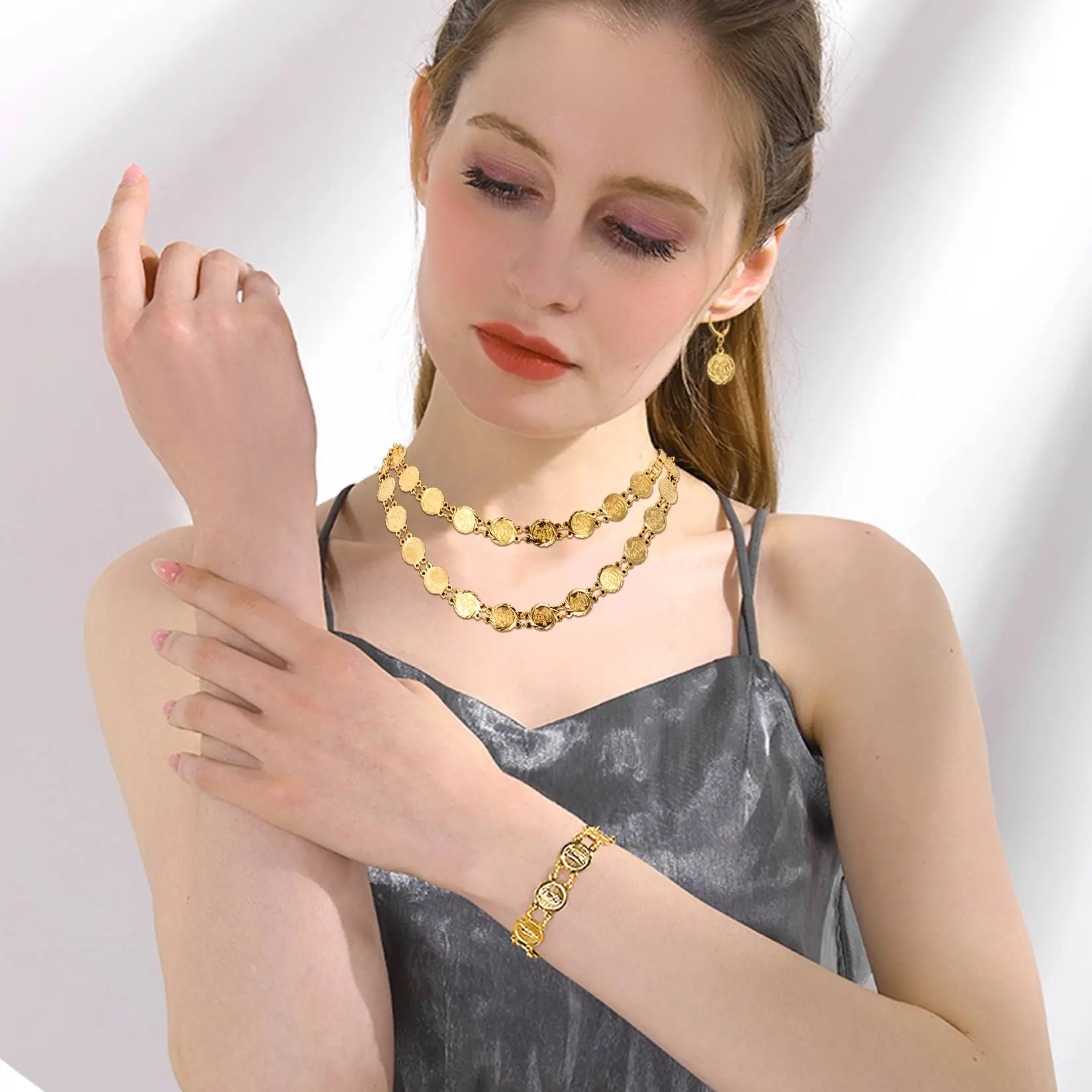 Dubai Gold Color Jewelry Sets Necklace Bracelet Earrings For Women Ethnic Islamic Religion Allah Coin Muslim Set Wedding Jewelry