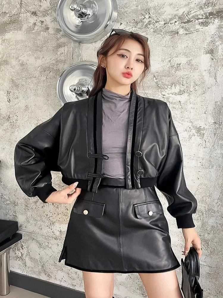 Women Spring Genuine Leather Short Coat V-Neck Batwing Sleeve Fashion Outerwear Single Breasted High Street Sheepskin Jacket