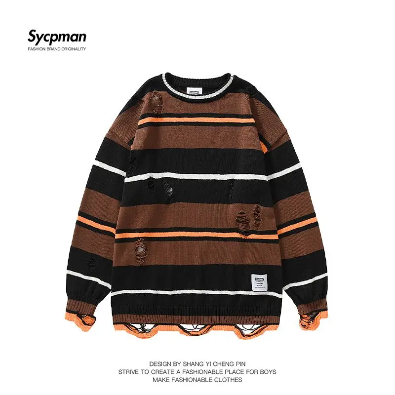 Fashion Hole Design Crew Neck Knitted Loose  Casual Couple Oversize Sweater for Men and Women