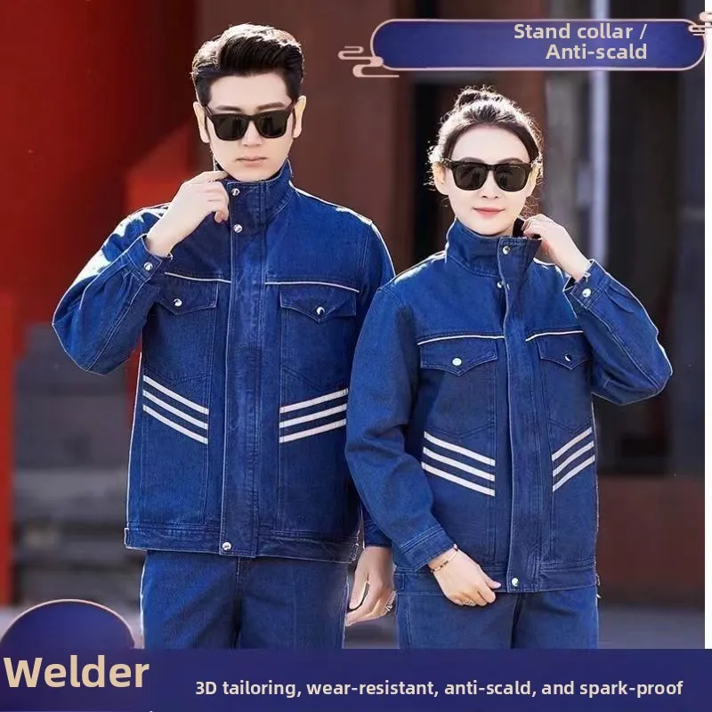 

Утолщенный джинсовый защитный рабочий костюм для сварки из чистого хлопка, огнестойкий, с защитой от ожогов, износостойкий, приталенный крой, с воротником-стойкой