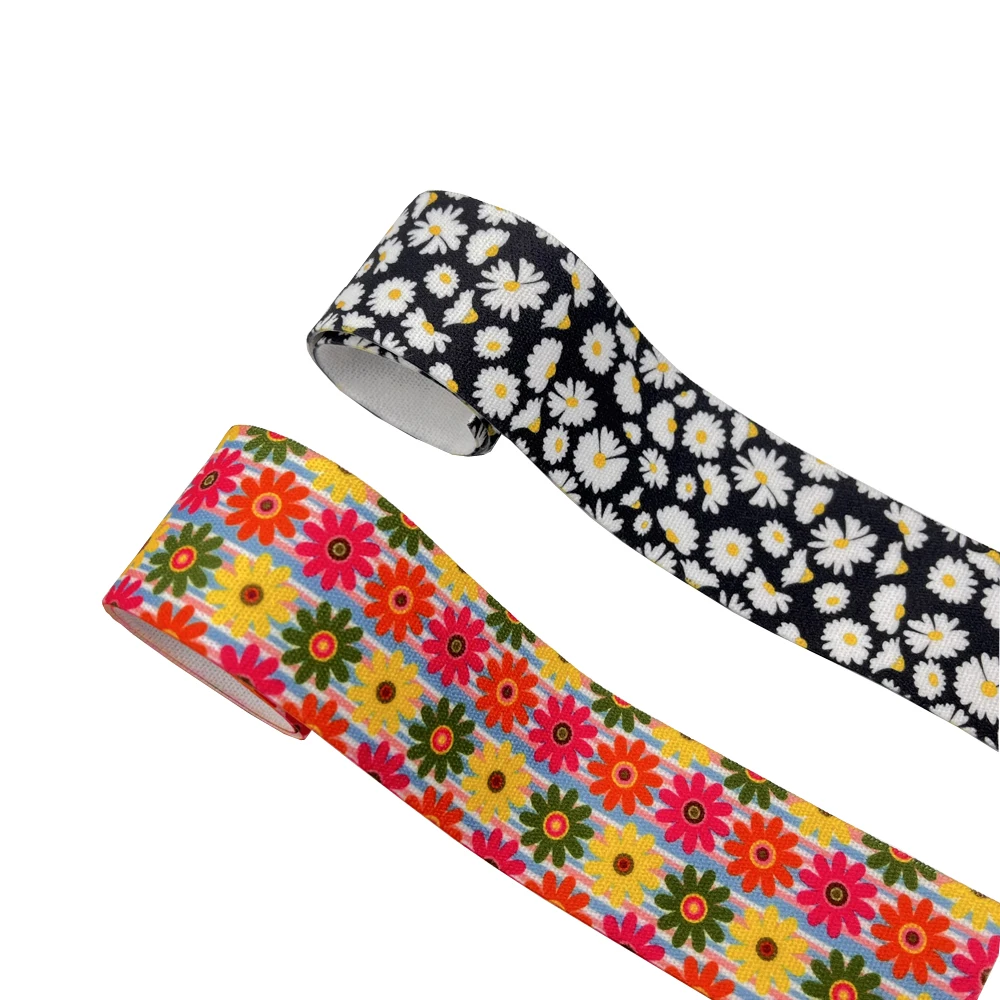 2/5/10 Meter/Lot 25MM 38MM Daisy Rose Flowers Print Elastic Strap Stripe DIY Garment Webbing Trouser Belt Sewing Accessories