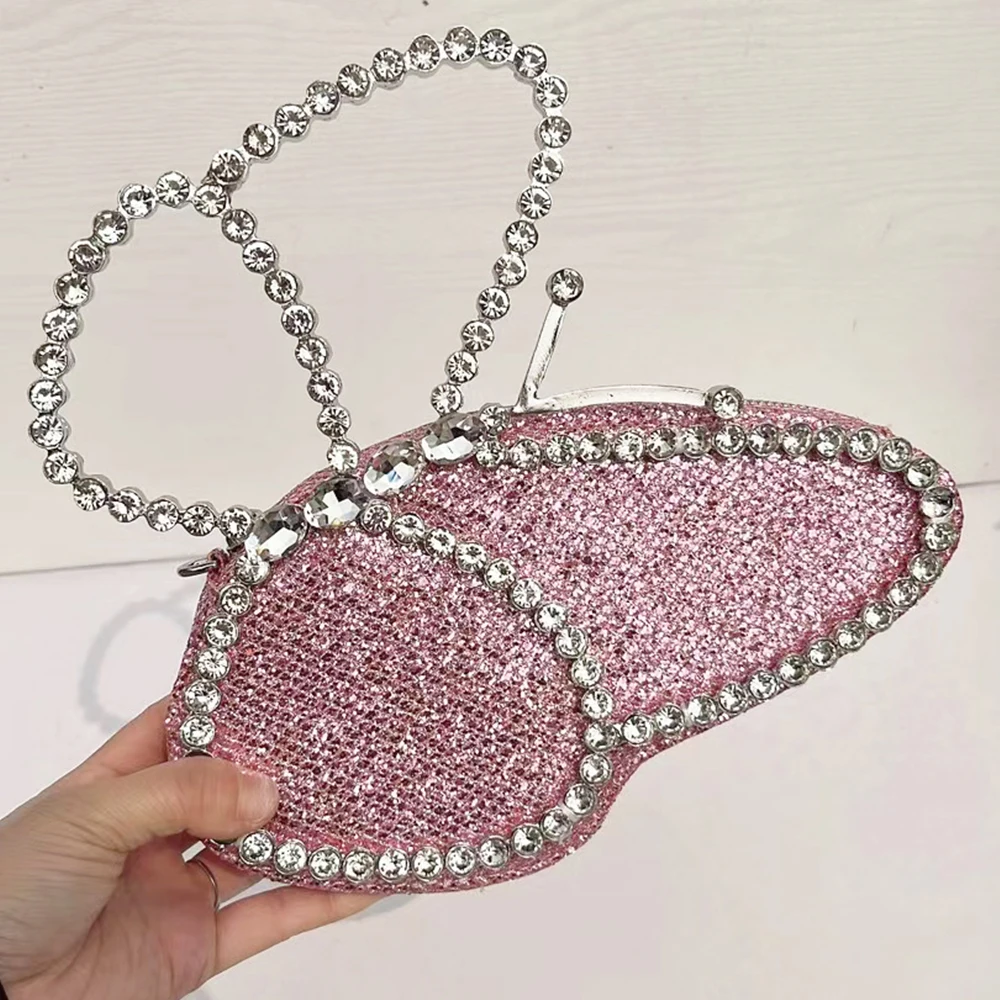 White Rhinestone Pink Butterfly Wedding Evening Clutches New Arrival Fashion Women Lady Party Prom Purses Dinner Handbag Bags