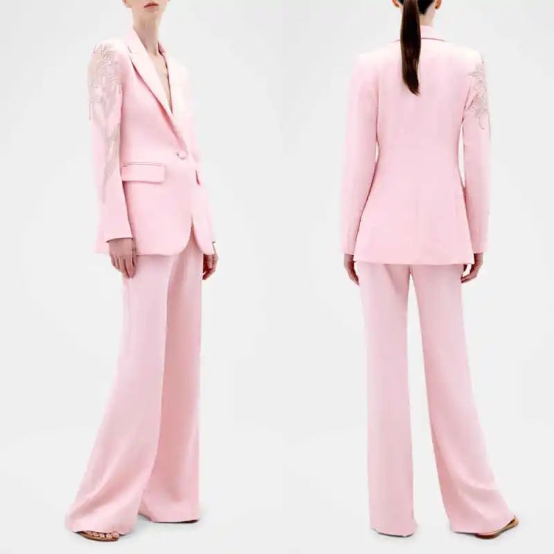 

Elegant 2 Pieces Office Ladies Work Blazers One Button Long Sleeve Pant Sets Appliques Birthday Party Customized Outfits