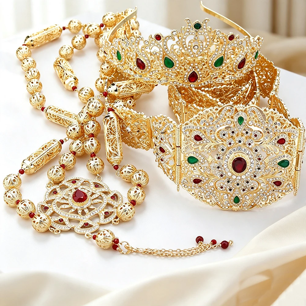 Sunspicems Goldfarbener Marokkanischer Kaftan-Gürtel mit Strasssteinen, Hohlfiligran, Algerische Damen-Taillenkette, Arabischer Brautschmuck für Hochzeiten – Detail 6