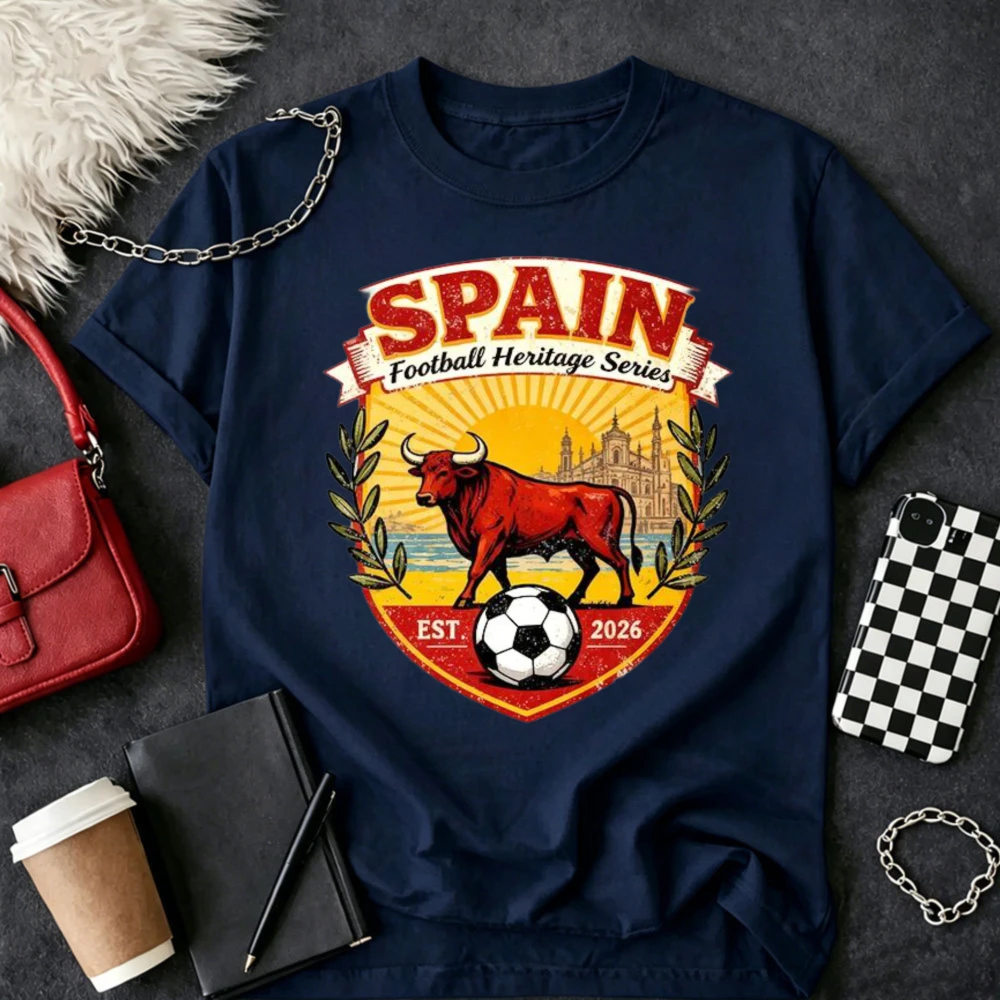 Spain Football Heritage Series T Shirt Bull and Soccer Ball Design with Spain Landmarks and Text for Sports Fans and Casual Wear
