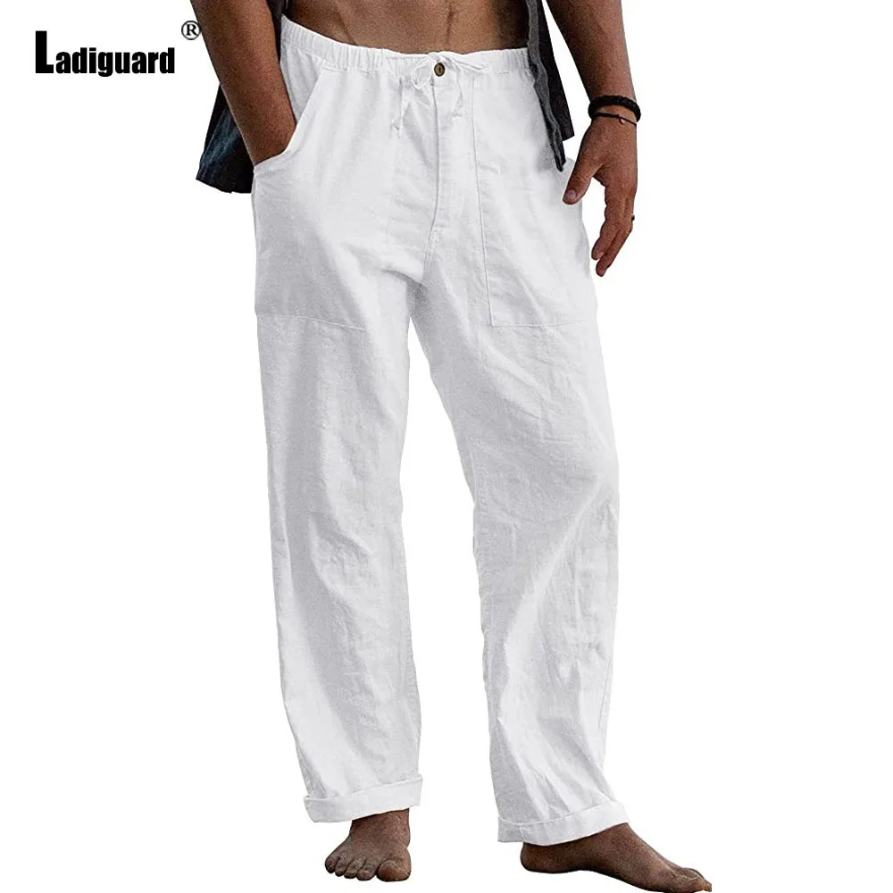 

Solid White Green Stand Pocket Cotton Pants Men's Ankle-Length Straight Trouser Plus Size 5xl Mens Casual Beach Linen Sweatpants