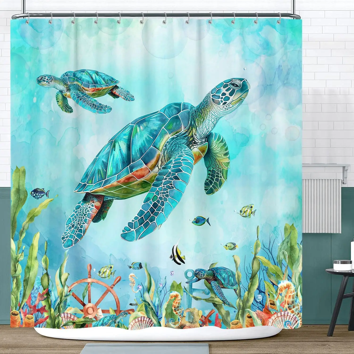 

Sea Turtle Shower Curtain, Teal Ocean Underwater Animal Beach Shower Curtain Set, Marine Life Turtle Fish Aquatic Plant Anchor C