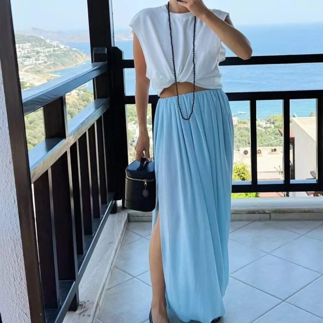 

Pleated Design Elegant Casual Long Skirt Women's Solid Color Minimalist Style Slit Skirt Tube Top Dress Two-way Wear Office Lady