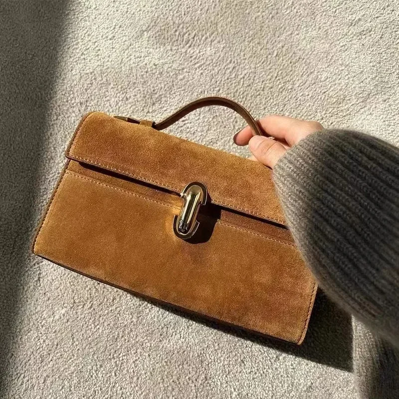 NEW SAVETTE Genuine Leather Symmetry Pochette Tote Bag Women Top Handle Bags  Suede Solid Color Simple Handbag Square Bag