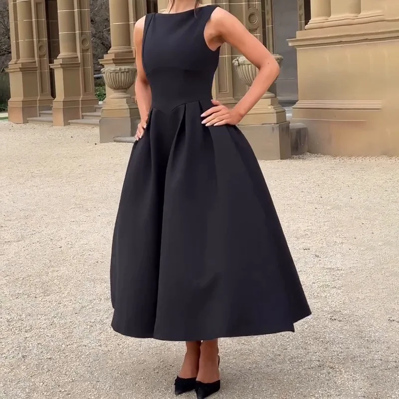 

Лето 2025 г., простое платье макси без рукавов с круглым вырезом, элегантное однотонное платье трапециевидной формы на бретелях, сексуальные вечерние платья с открытой спиной для женщин