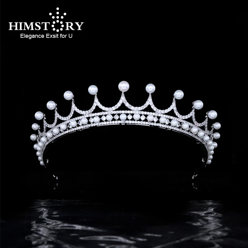 

Himstory High Quality Tiaras and Crown CZ Pearl Wedding Hair Accessories Sparkly Bride Headwear European Classic Queen Headpiece