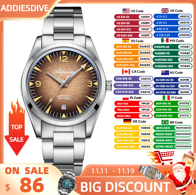 ADDIESDIVE nouveau 39mm hommes montre 8215 mouvement automatique 100m étanche AR enduit verre bombé lumineux plongée mécanique montre-bracelet