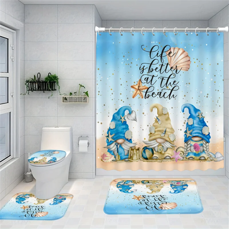 4pcs Cute Gnomes Shower Curtain Set, Shell Starfish Beach Shower Curtain With 12 Hooks For Bathroom, Bathroom Rug, Toilet U-Sh