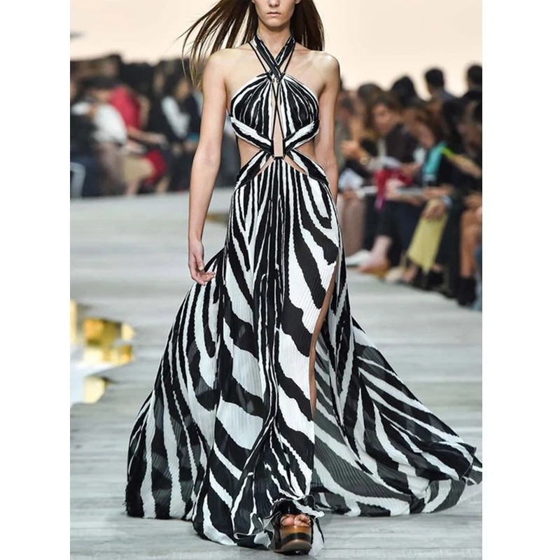 2023 Sexy Zebra Print Long Elegant Stage Show Dress Summer Swimwear Halter Sleeveless Beachwear Holiday High Slit Maxi Dress