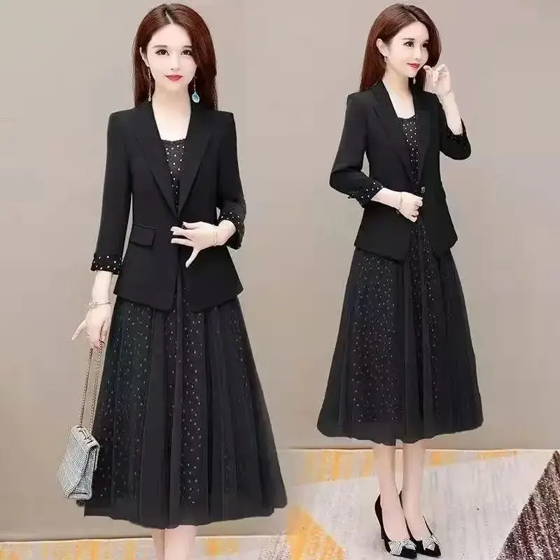 Women\'s Autumn Elegant Blazer Dress Two Piece 2022 New Retro Suit Jacket Mesh Sling Dresses Set French Fashion Casual Suit