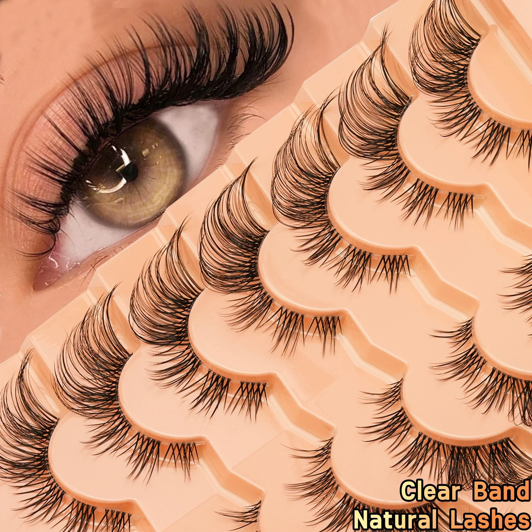 7Pairs Cat Eye Oblique Winged False Eyelashes Clear Band 3D Faux Mink Natural Fluffy Fake Lashes Reusable For Eye Makeup