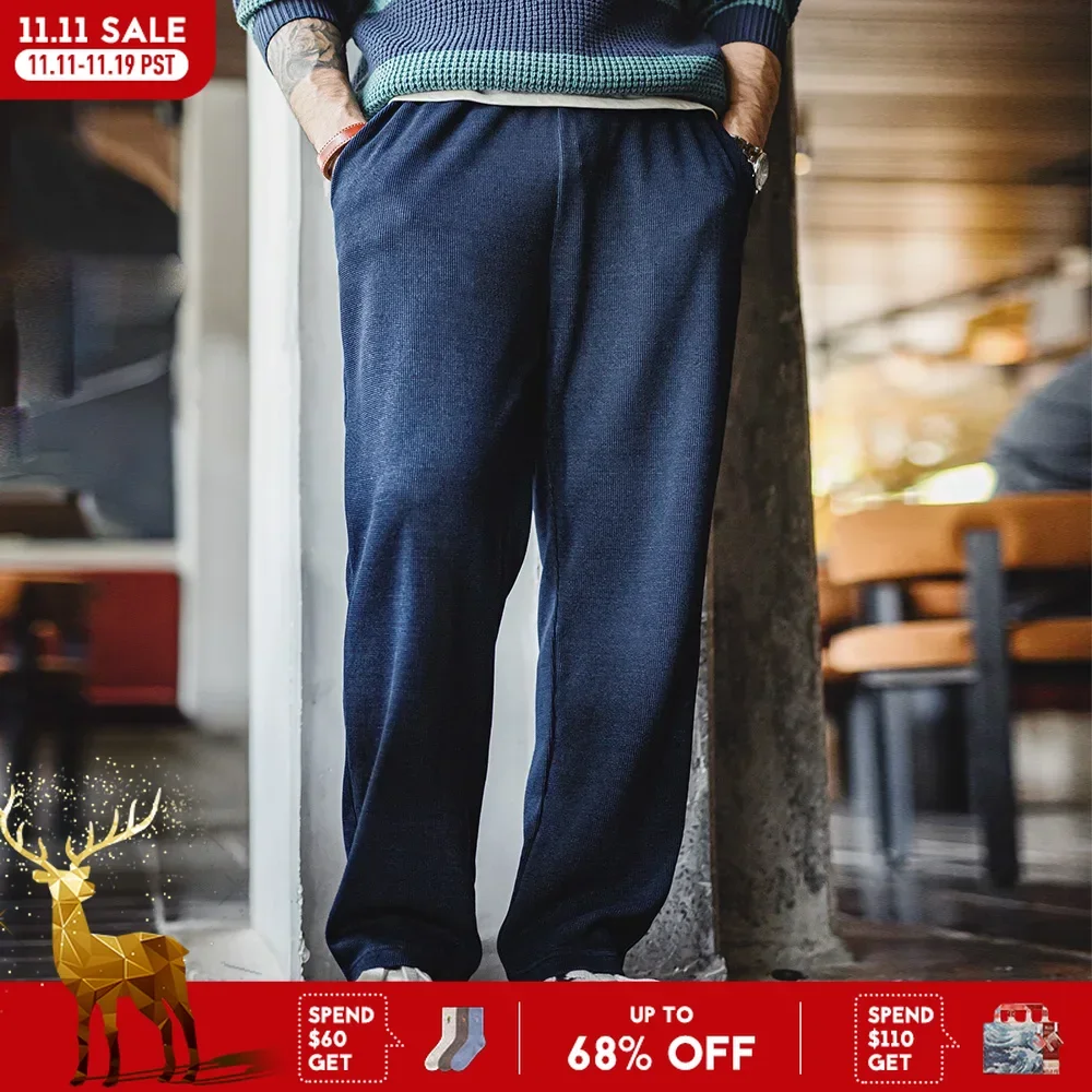 

Мужские винтажные вязаные вафельные спортивные штаны Maden, прямые однотонные брюки свободного кроя с эластичной резинкой на талии и брюки на шнурке на осень