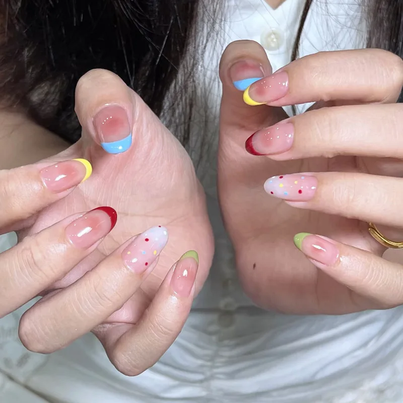 24Pcs Mid-length Almond Fake Nail Tips Colorful French Polka Dot Full Cover False Nails White Gradient Detachable Press on Nails