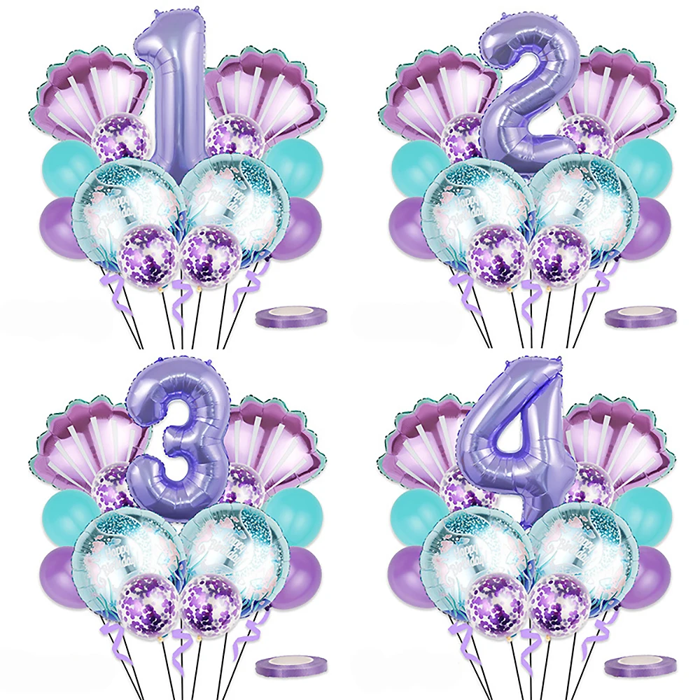 Mermaid Party Balloons Set Purple Number Shell Foil Ballon Girl Little Mermaid Birthday Decoration Favors Air Globos Baby Shower