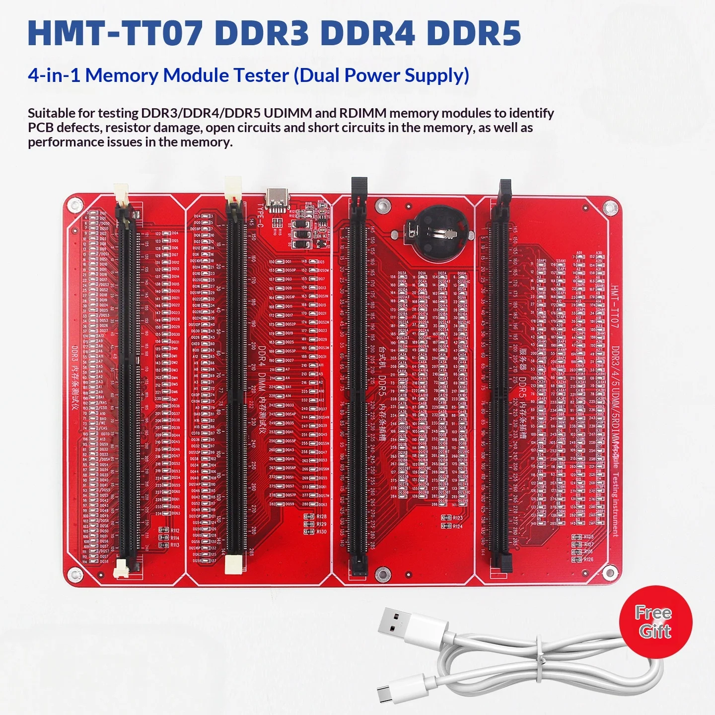 Desktop & Server DDR3 DDR4 DDR5 Four-in-One Memory RAM Tester With LED Light UDIMM RDIMM RAM Module Fault Diagnostic Test Tool