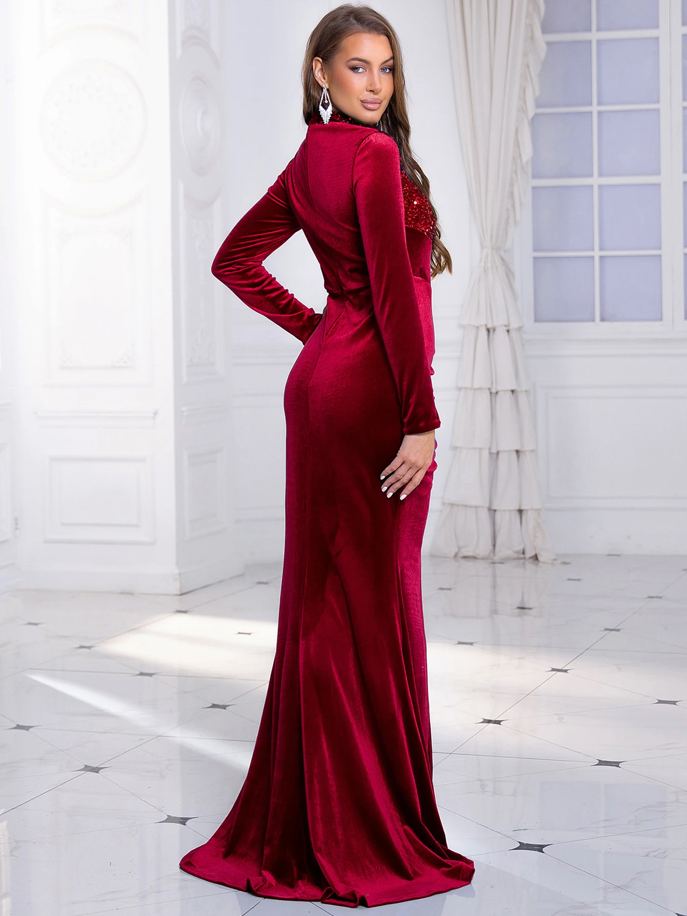 High Neck Sequined Patchwork Velvet Evening Dress Floor Length Front Slit Full Sleeved Mermaid Prom Gown Formal Engagement