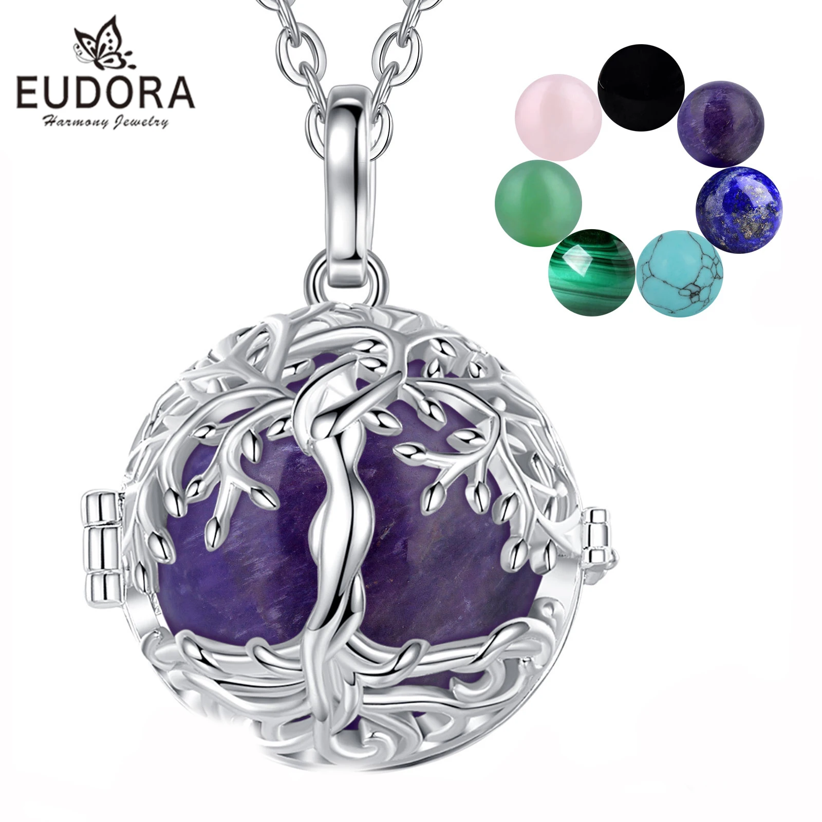 Eudora Tree of Life Cage Necklace Amethyst Energy Healing Crystal Stone Jade Lapis Pendant Spiritual DIY Jewelry Obsidian Gift