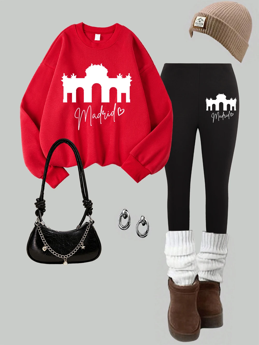 Set Legging dan Sweatshirt Wanita 2 Potong Motif Madrid Alcala dengan Pintu Geser, Bahan Fleece Thermal untuk Musim Dingin, Celana Hoodie, Pakaian Wanita Gaya Jalanan