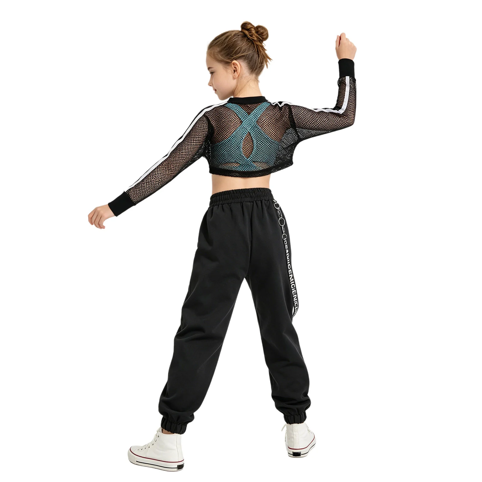 Kinder Mädchen Hip-Hop Jazz Tanz Performance Outfits: Rückenfreies Top mit Cargo-Hose und Mesh Langarm Crop Top Tanzkleidung – Detail 18
