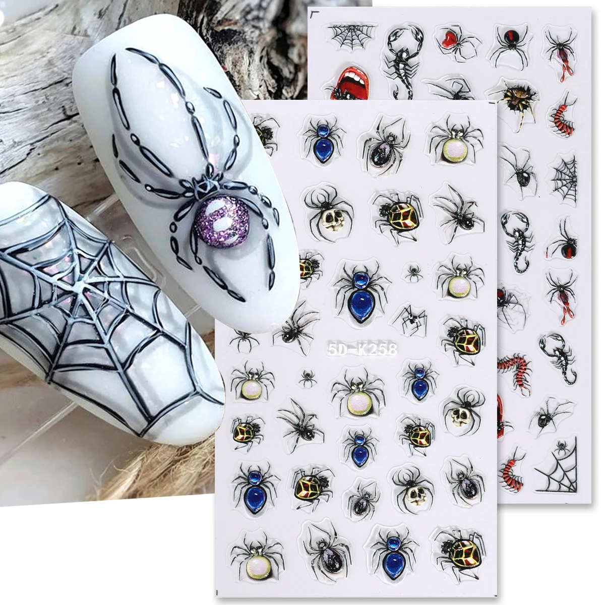 2 Stück Halloween Spinnen Edelsteine 5D geprägte Nagelaufkleber Tausendfüßler Spinnen Web Design gravierte Folien Wraps Urlaub Maniküre Aufkleber