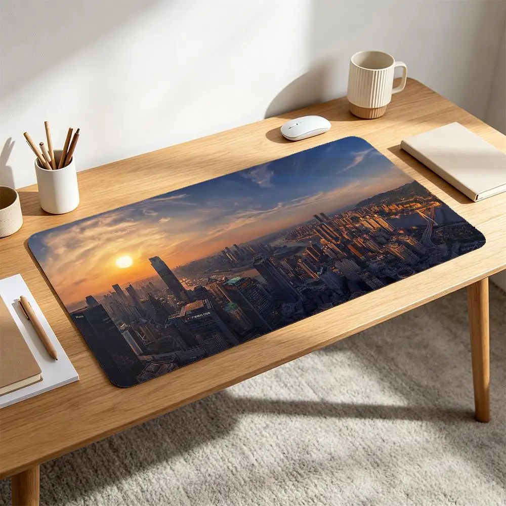 Modern City Skyline Sunset River View Large Mouse Pad Skyscraper Urban Landscape Golden Hour Cloud alfombrillas gaming