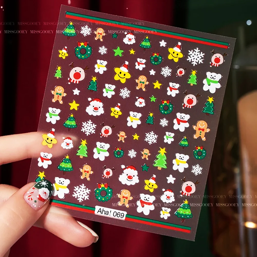 1Pcs Christmas Snowman Snowflake Nail Stickers 3D KawaiI Cartoon  Elk Penguin Santa Claus Adhesive Slider DIY Gril Manicure Gift