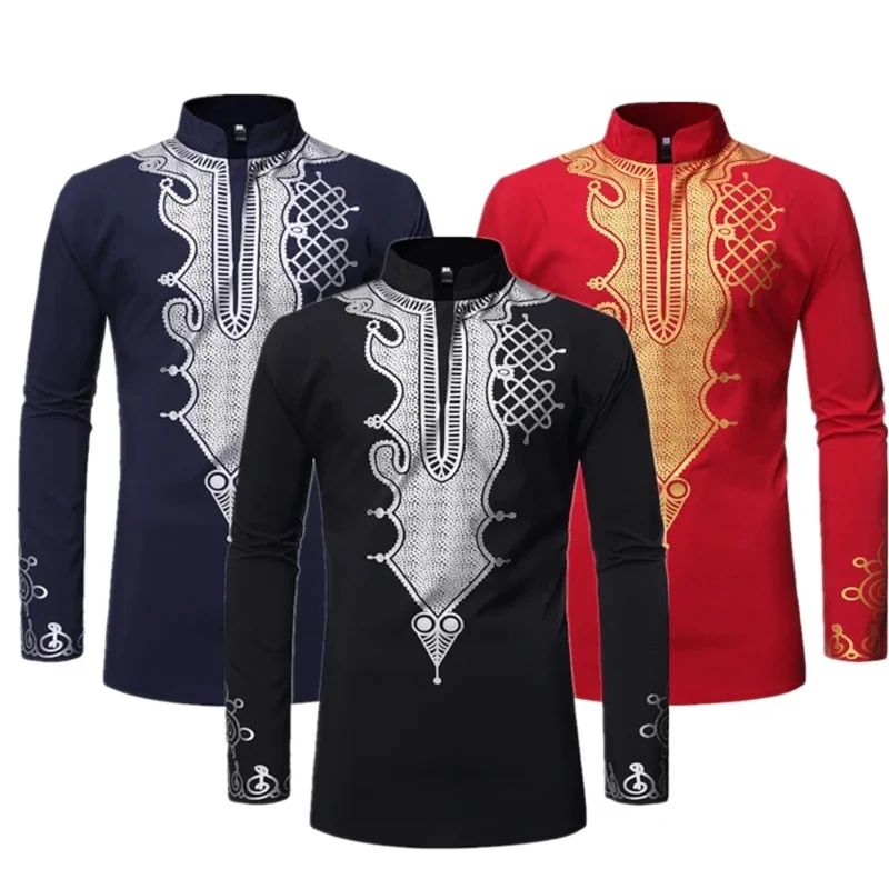 Chemise à col montant à manches longues pour hommes, style africain traditionnel, Dashiki, tendance Bazin Riche, robe imprimée, vêtements de chef africain