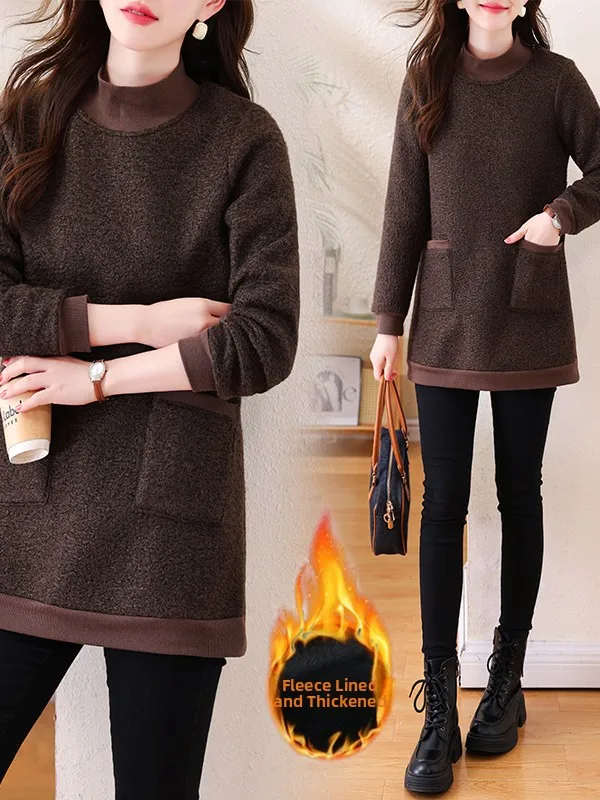 Suda de Mujer de Piel de Cordero, Cuello Alto Informal, Capa Base, Estilo Nuevo de Otoño Invierno, Talla ande, Cómoda y...