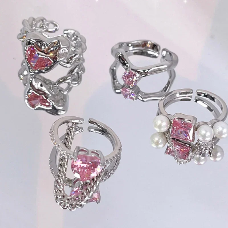 Hip Hop Sweet Style Pink Diamonds Heart-shaped Rings for Women Shining Beautiful Pearl Tassels Chain Ring Party Jewelry
