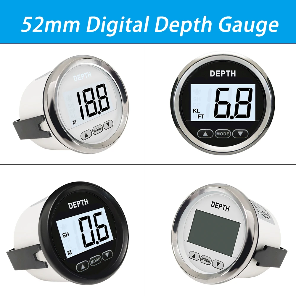 Popular Waterproof 52mm Digital Depth Gauge Indicator with Transducer and White Backlight for Yachts Fishing Boats Ships 12VDC