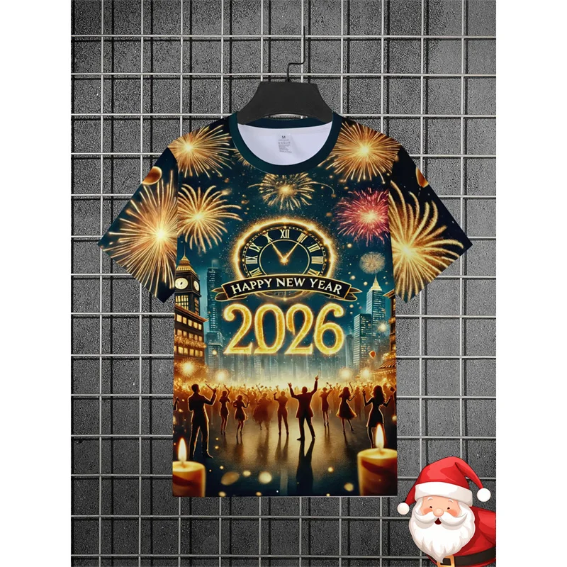 

Happy New Year 2026 T-shirt Unisex Christmas Theme Design Short Sleeve Round Neck T Shirt Snow Stripe New Year Tee Top For Men