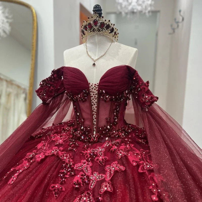 Angelsbridep Luxury Burgundy Ball Gown Quinceanera Dresses With 3D Appliques Cape Lace Up Prom Party Dress Vestidos De Festa