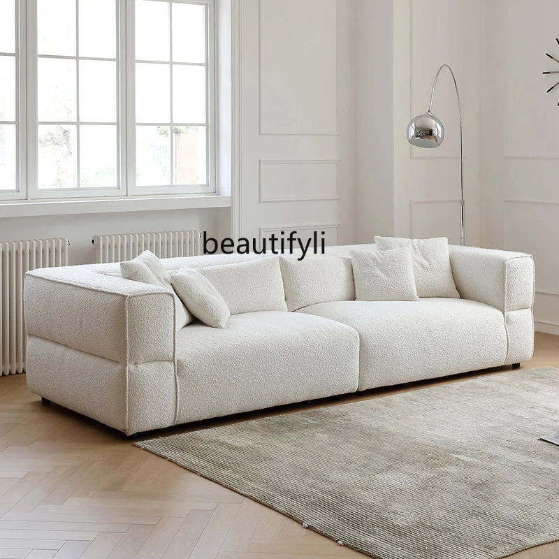 

New small apartment fabric sofa modern simple straight row three-person lamb wool cotton and linen sofa