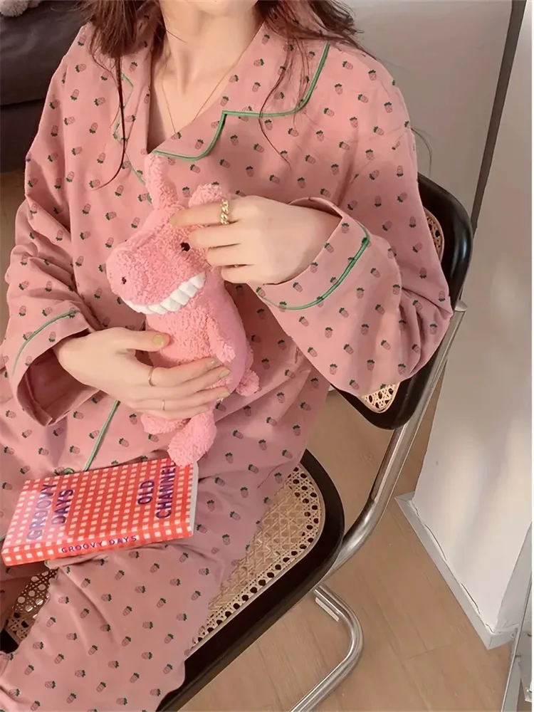 Women'S Pajama Set Sweet Strawberry Print Soft Pink Long Sleeve V-Neck Top Green Button Detail Elastic Waist Pants Sleepwear