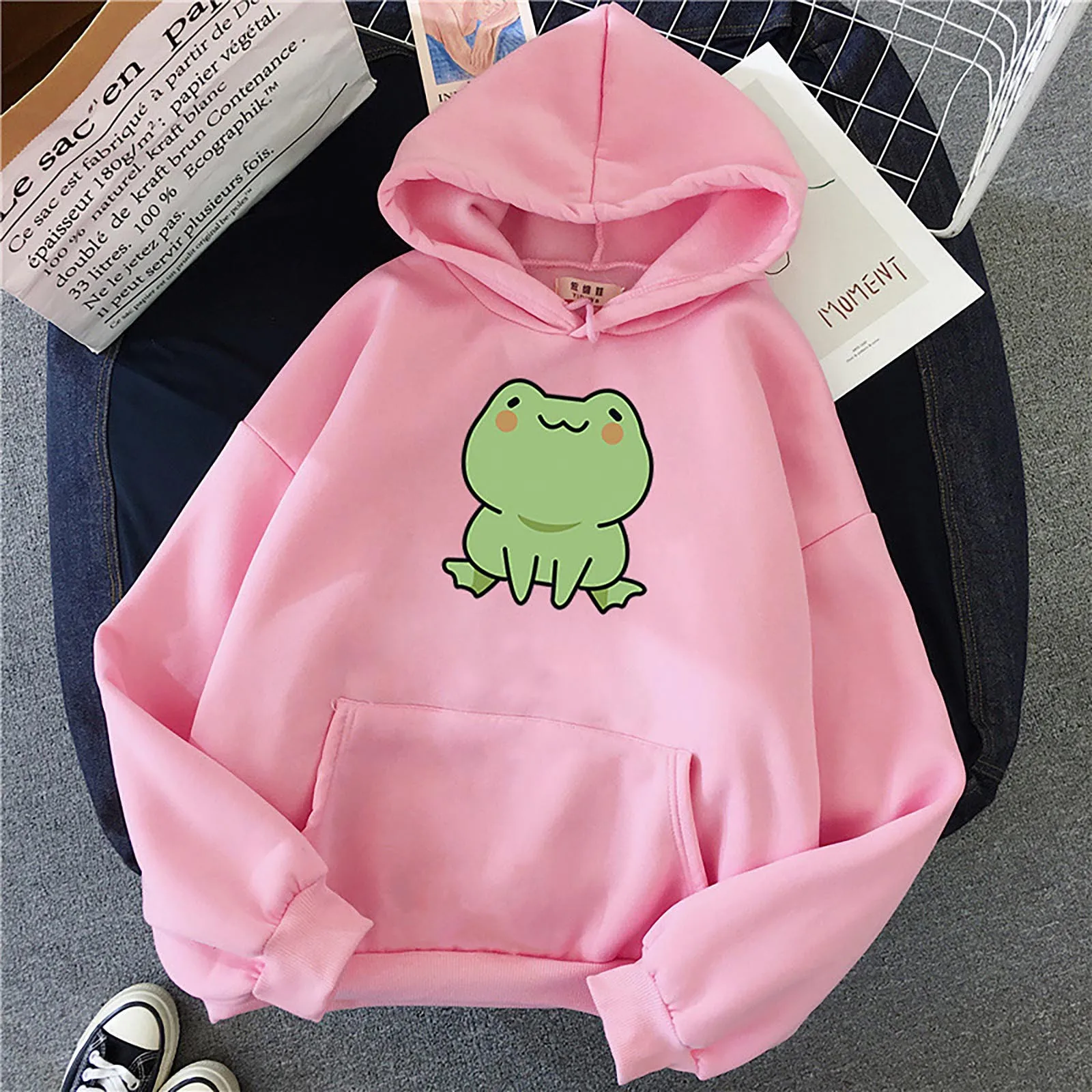 Women Cute Frog Print Hoodie Ladies Candy Colored Long Sleeved Fleece Hooded Student Loose and Casual Top